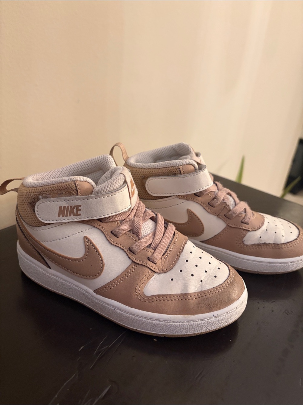 Nike Kids Mid-Top Sneakers in White & Light Brown (Tan)